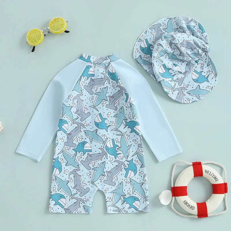 Citgeett Summer Infant Baby Boys Swimsuit Playsuits Cartoon Print Zipper Long Sleeve Bathing Suit Swim Cap Romper Clothes