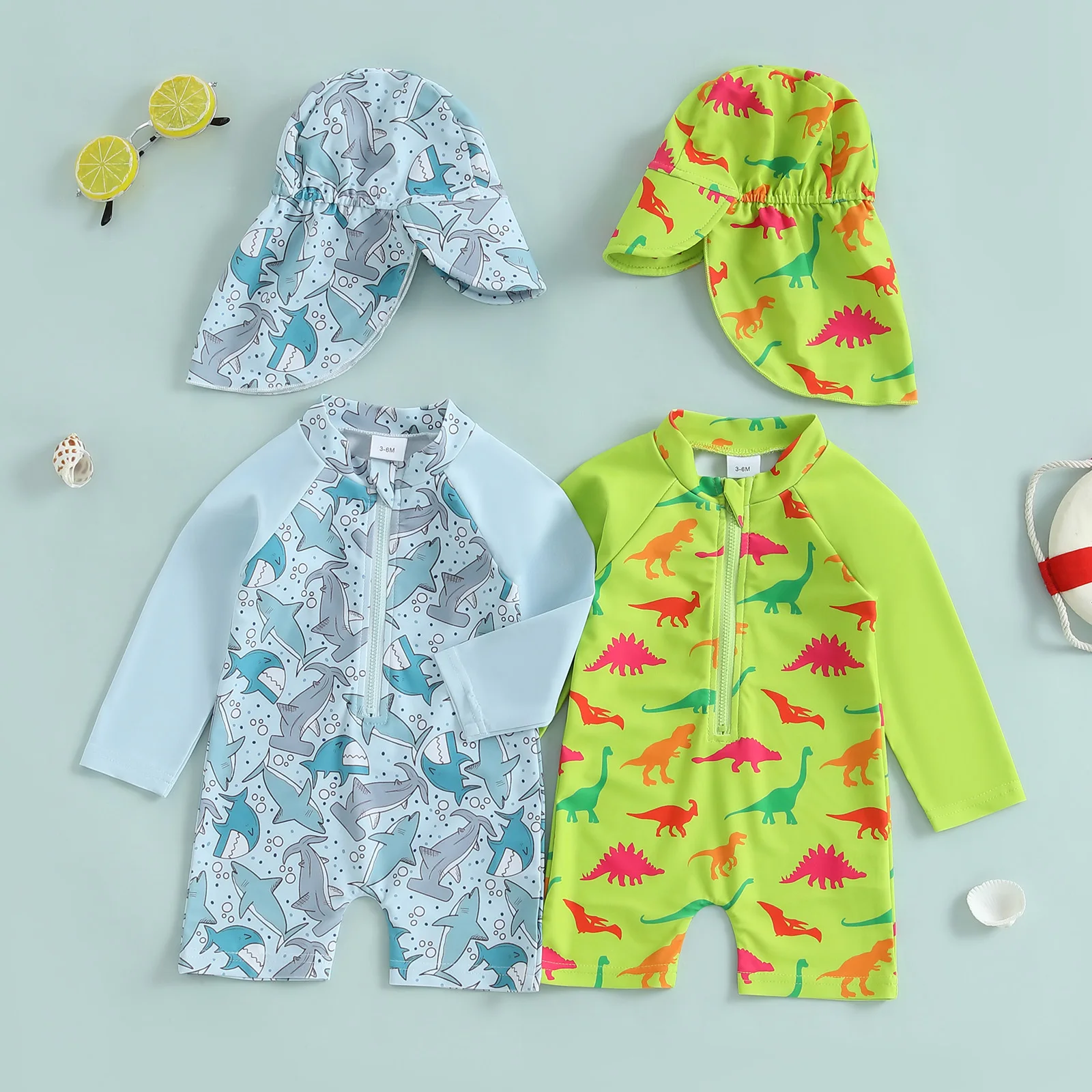 Citgeett Summer Infant Baby Boys Swimsuit |Playsuits Cartoon Print Zipper Long Sleeve Bathing Suit |Swim Cap Romper Clothes