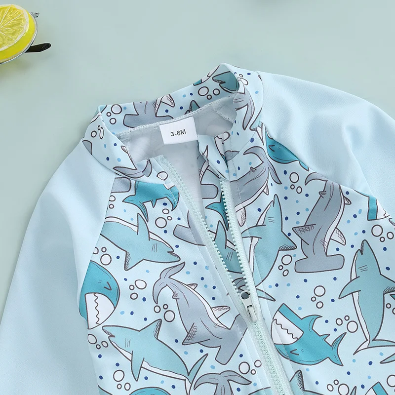 Citgeett Summer Infant Baby Boys Swimsuit Playsuits Cartoon Print Zipper Long Sleeve Bathing Suit Swim Cap Romper Clothes