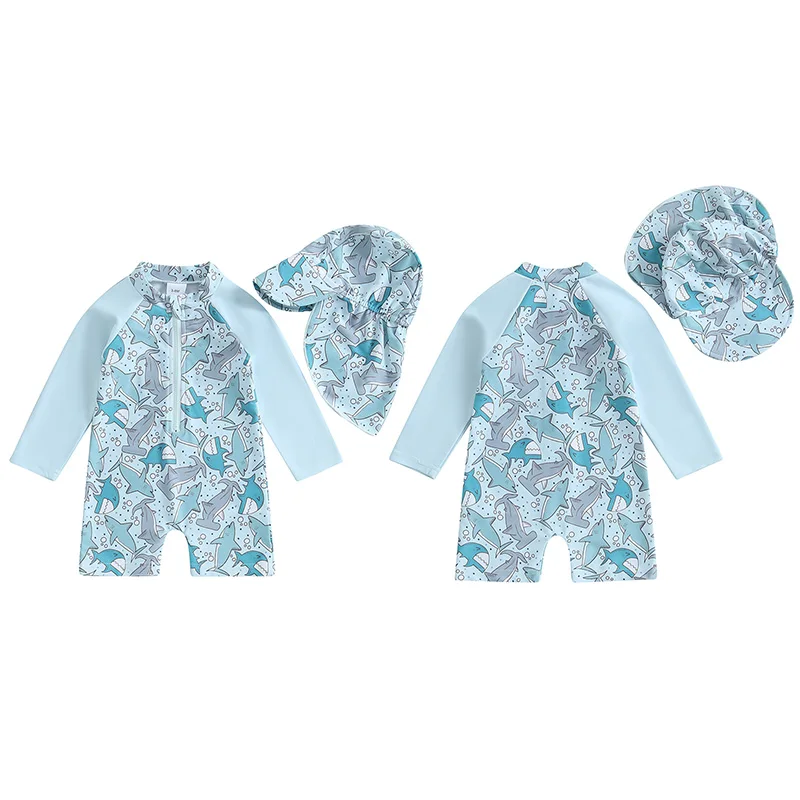 Citgeett Summer Infant Baby Boys Swimsuit Playsuits Cartoon Print Zipper Long Sleeve Bathing Suit Swim Cap Romper Clothes