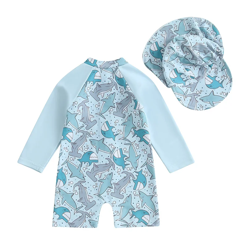 Citgeett Summer Infant Baby Boys Swimsuit Playsuits Cartoon Print Zipper Long Sleeve Bathing Suit Swim Cap Romper Clothes