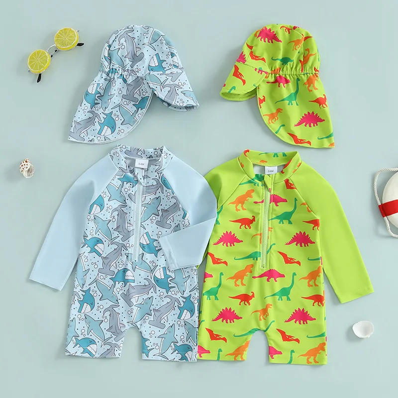 Citgeett Summer Infant Baby Boys Swimsuit Playsuits Cartoon Print Zipper Long Sleeve Bathing Suit Swim Cap Romper Clothes