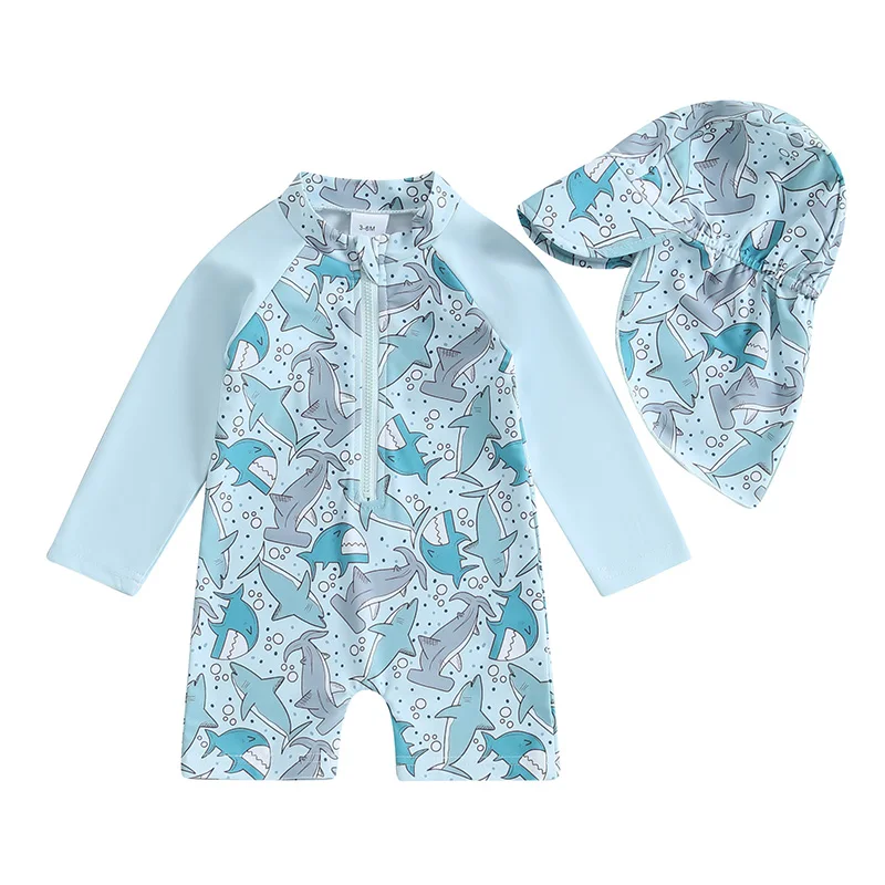 Citgeett Summer Infant Baby Boys Swimsuit Playsuits Cartoon Print Zipper Long Sleeve Bathing Suit Swim Cap Romper Clothes