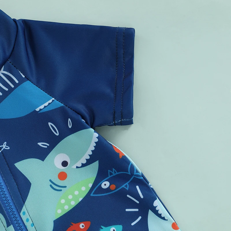 0-5years Kids Boys Rash Guard Swimsuit Playsuits Shark Print Zipper Short Sleeve Sun Protection Bathing Suit with Swim Cap