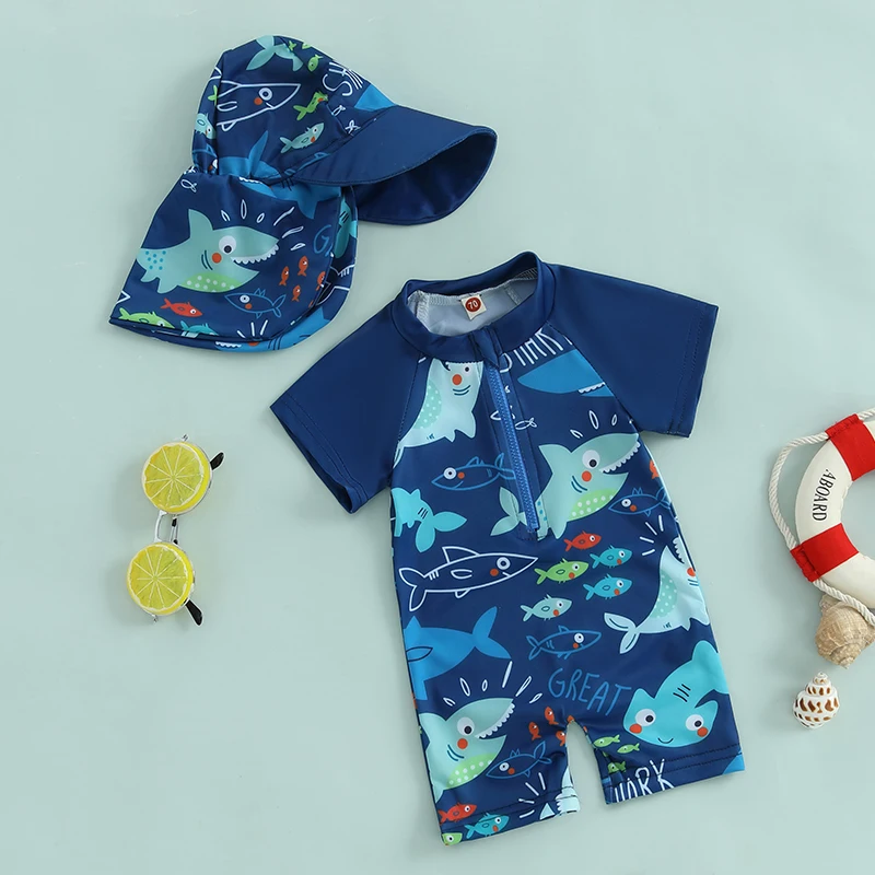 0-5years Kids Boys Rash Guard Swimsuit Playsuits Shark Print Zipper Short Sleeve Sun Protection Bathing Suit with Swim Cap