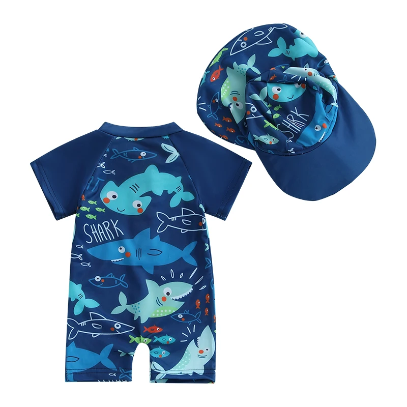 0-5years Kids Boys Rash Guard Swimsuit Playsuits Shark Print Zipper Short Sleeve Sun Protection Bathing Suit with Swim Cap