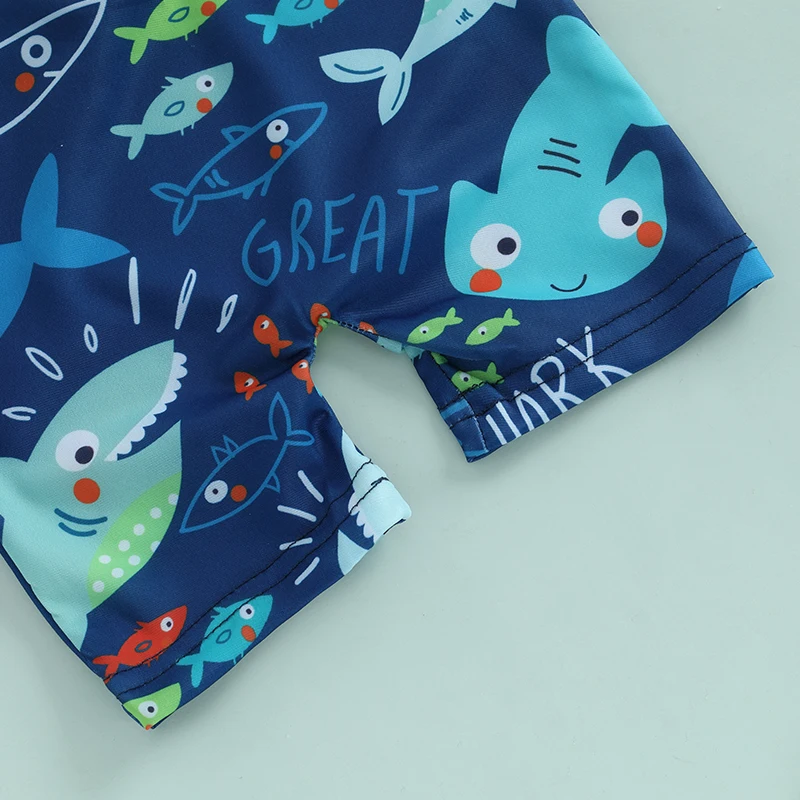 0-5years Kids Boys Rash Guard Swimsuit Playsuits Shark Print Zipper Short Sleeve Sun Protection Bathing Suit with Swim Cap