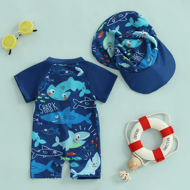 0-5years Kids Boys Rash Guard Swimsuit Playsuits Shark Print Zipper Short Sleeve Sun Protection Bathing Suit with Swim Cap