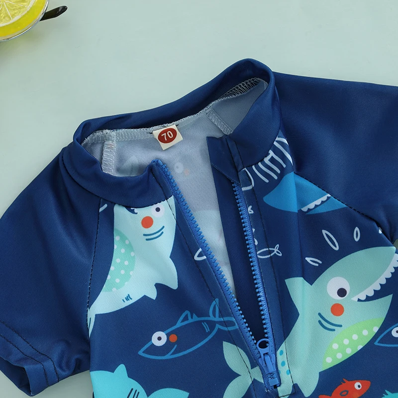 0-5years Kids Boys Rash Guard Swimsuit Playsuits Shark Print Zipper Short Sleeve Sun Protection Bathing Suit with Swim Cap