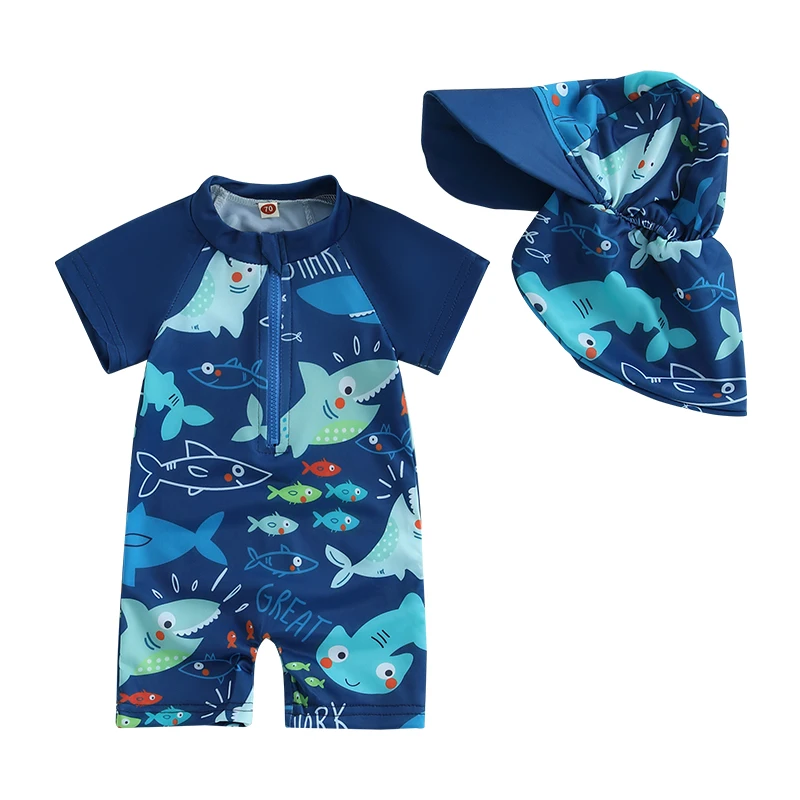 0-5years Kids Boys Rash Guard Swimsuit Playsuits Shark Print Zipper Short Sleeve Sun Protection Bathing Suit with Swim Cap