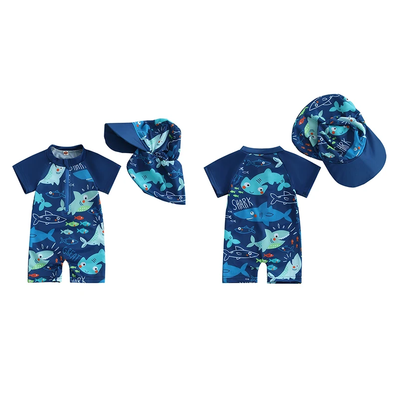 0-5years Kids Boys Rash Guard Swimsuit Playsuits Shark Print Zipper Short Sleeve Sun Protection Bathing Suit with Swim Cap
