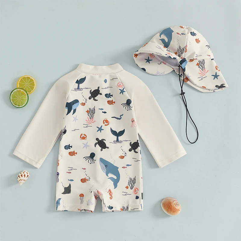Tregren 0-3Y Kids Boys Long Sleeve Swimwear Casual Marine Animal Print Zipper Rash Guard Swimsuit and Hat Beachwear Bathing Suit