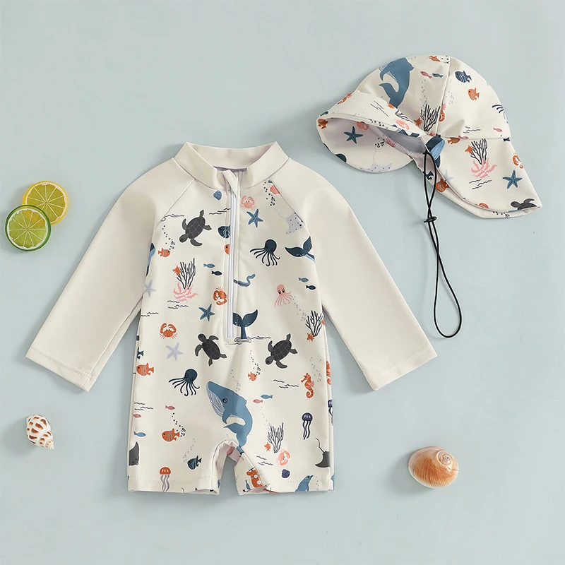 Tregren 0-3Y Kids Boys Long Sleeve Swimwear Casual Marine Animal Print Zipper Rash Guard Swimsuit and Hat Beachwear Bathing Suit