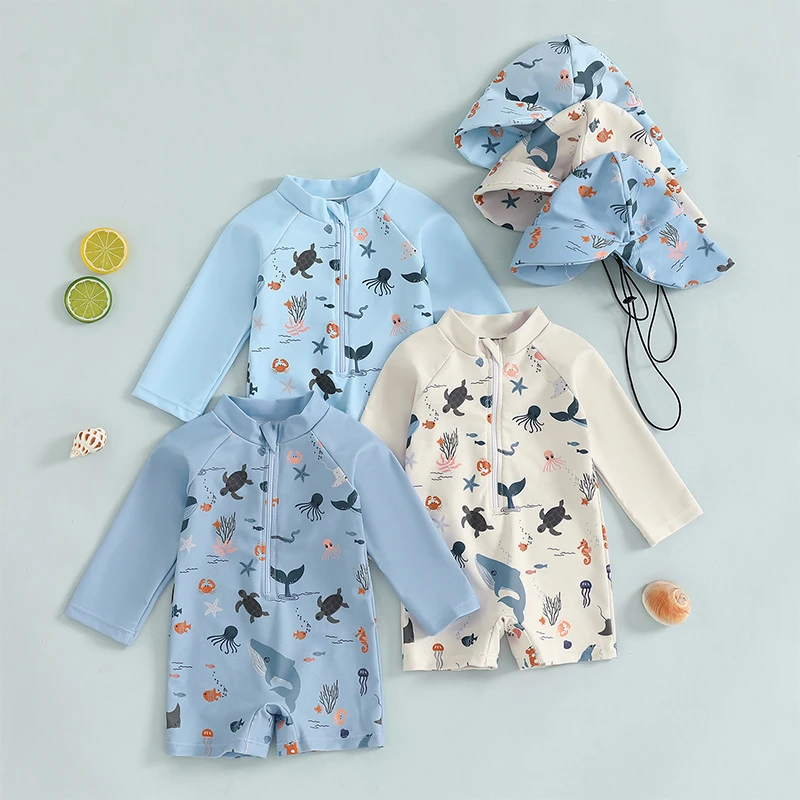 Tregren 0-3Y Kids Boys Long Sleeve Swimwear Casual Marine Animal Print Zipper Rash Guard Swimsuit and Hat Beachwear Bathing Suit