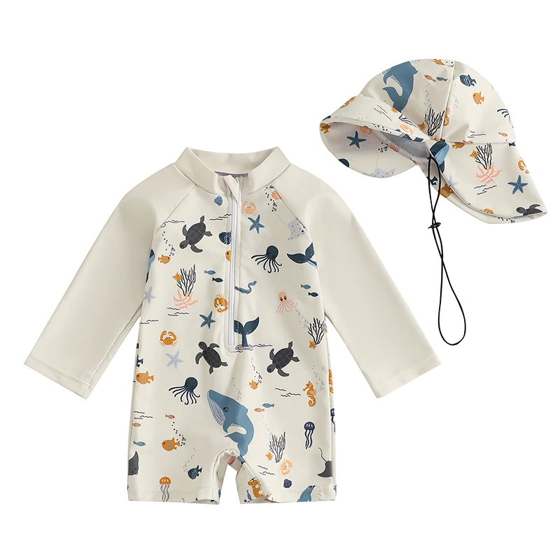 Tregren 0-3Y Kids Boys Long Sleeve Swimwear Casual Marine Animal Print Zipper Rash Guard Swimsuit and Hat Beachwear Bathing Suit