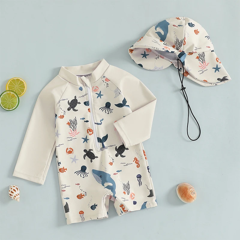 Tregren 0-3Y Kids Boys Long Sleeve Swimwear Casual Marine Animal Print Zipper Rash Guard Swimsuit and Hat Beachwear Bathing Suit