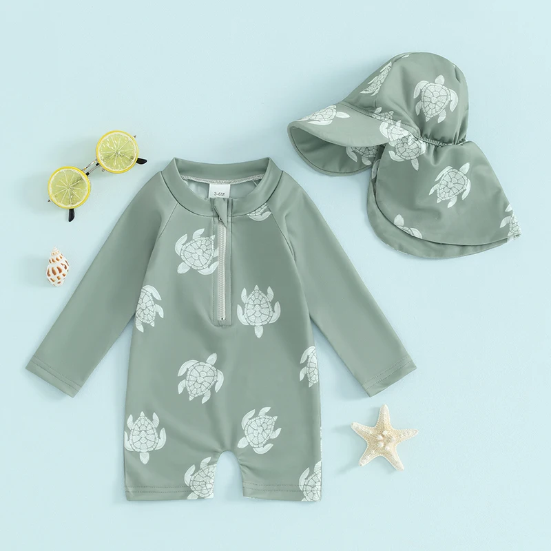 Tregren Toddler Boys Rash Guard Swimsuit |Long Sleeve Turtle/Dinosaur Print Infant Bathing Suit| Swimwear with Swim Caps Beachwear