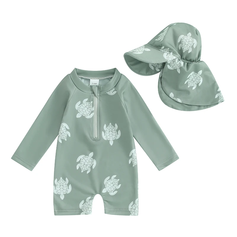Tregren Toddler Boys Rash Guard Swimsuit Long Sleeve Turtle/Dinosaur Print Infant Bathing Suit Swimwear with Swim Caps Beachwear