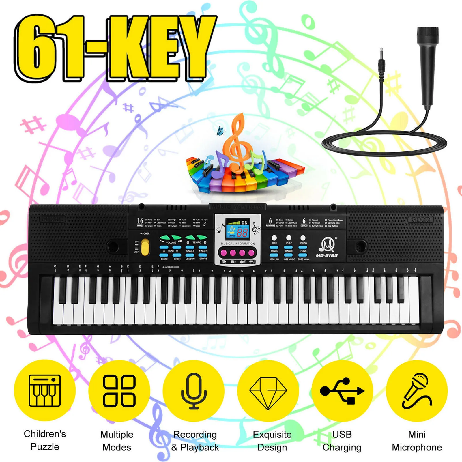 61 Keys Digital Electronic Keyboard Kids Multifunctional Electric Piano for Piano Student with Microphone Musical Instrument