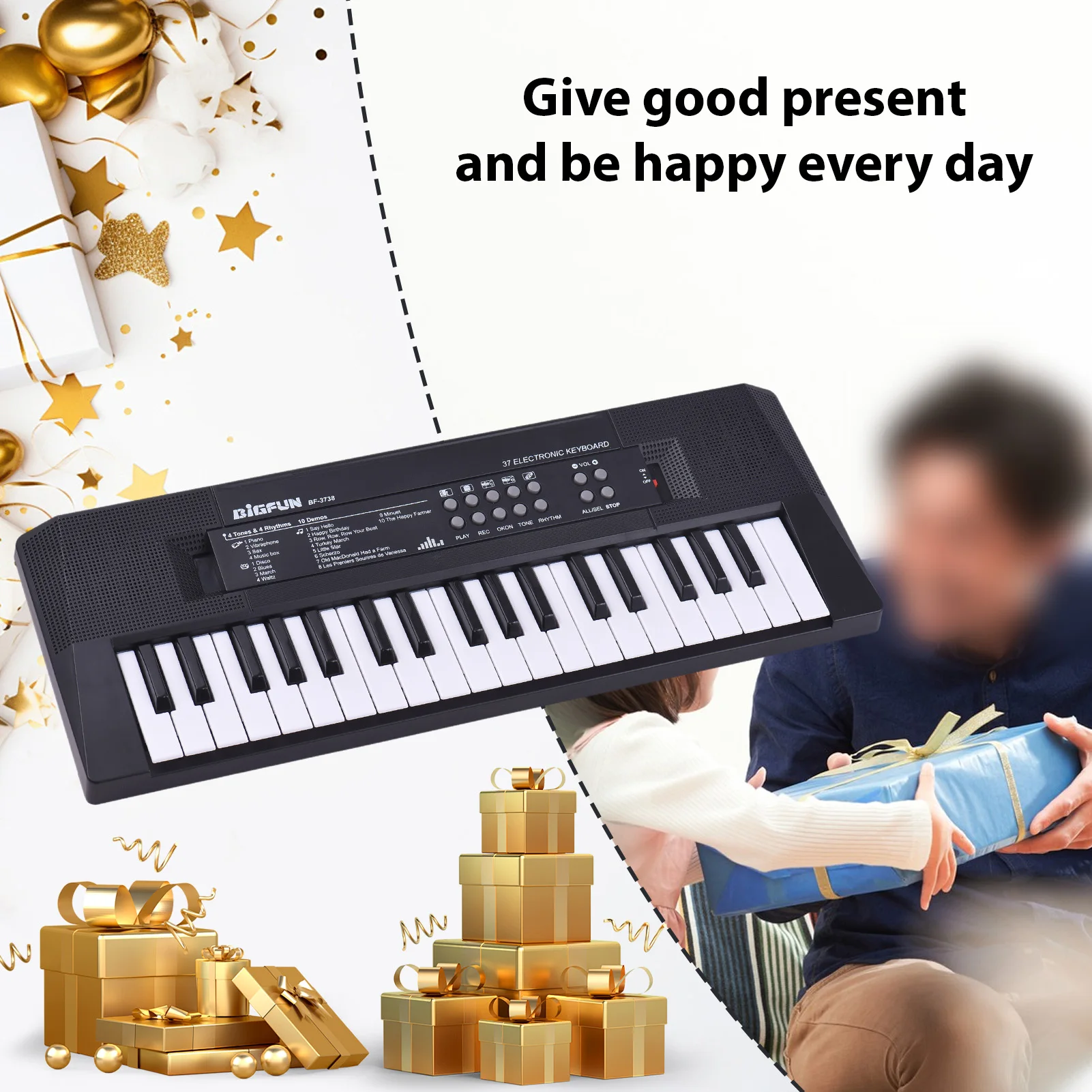 37 Key Electronic Keyboard Piano 4 Tones 4 Rhythms 10 Demos 5 Percussions Single Speaker Musical Instrument with Microphone Dual