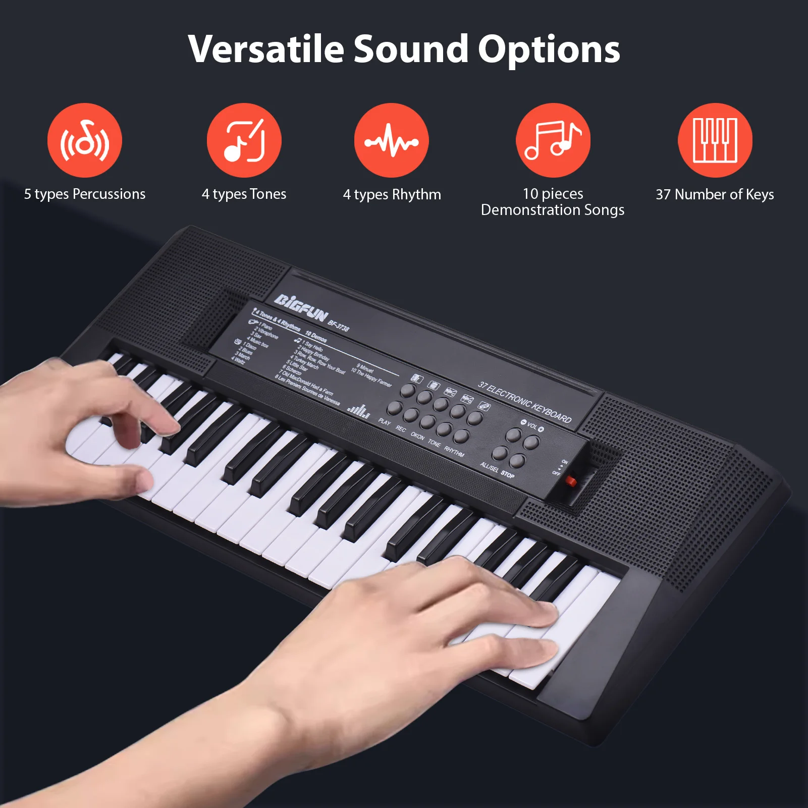 37 Key Electronic Keyboard Piano 4 Tones 4 Rhythms 10 Demos 5 Percussions Single Speaker Musical Instrument with Microphone Dual