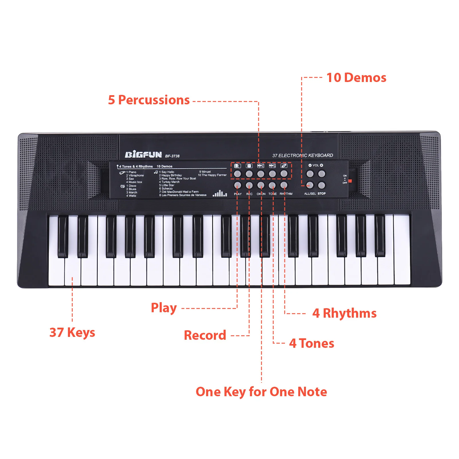 37 Key Electronic Keyboard Piano 4 Tones 4 Rhythms 10 Demos 5 Percussions Single Speaker Musical Instrument with Microphone Dual
