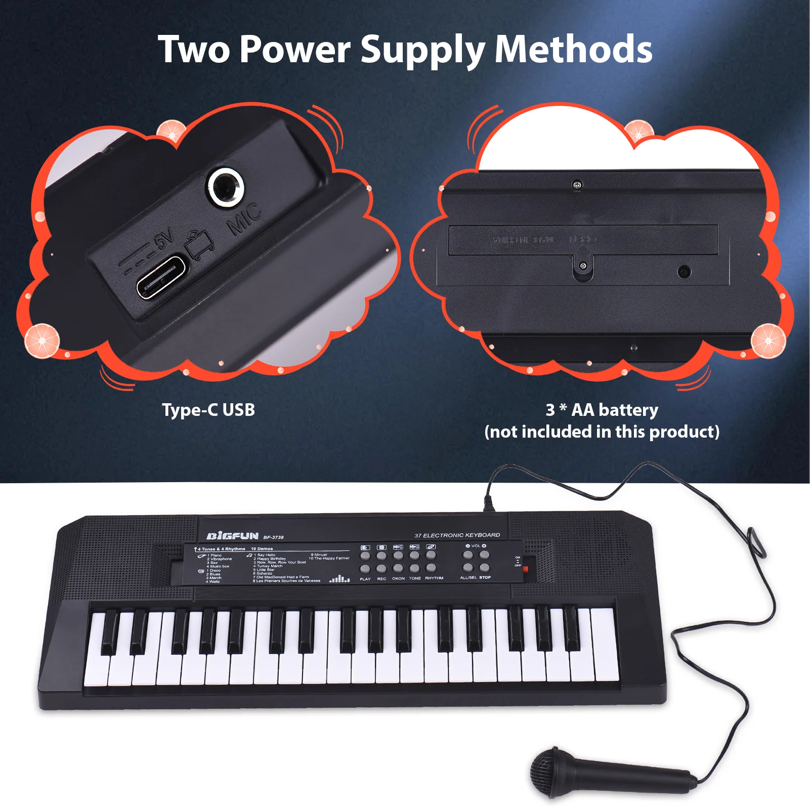 37 Key Electronic Keyboard Piano 4 Tones 4 Rhythms 10 Demos 5 Percussions Single Speaker Musical Instrument with Microphone Dual