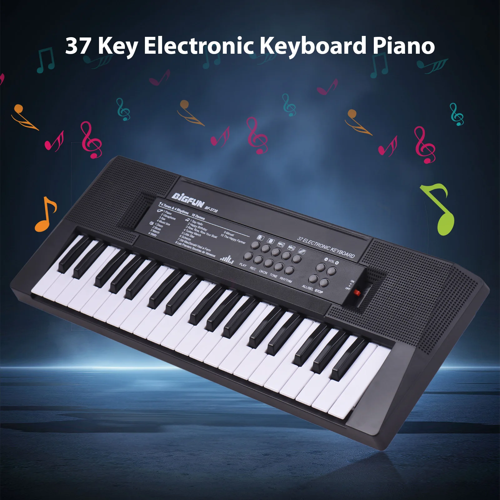 37 Key Electronic Keyboard Piano 4 Tones 4 Rhythms 10 Demos 5 Percussions Single Speaker Musical Instrument with Microphone Dual