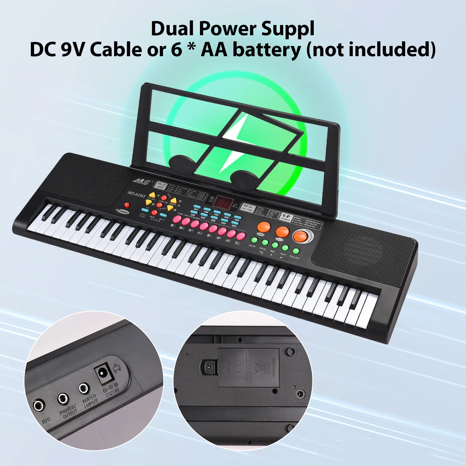 61 Key Electronic Keyboard Piano Dual Speaker 16 Tones 10 Rhythms 6 Demo Musical Instrument with Microphone and Music Score