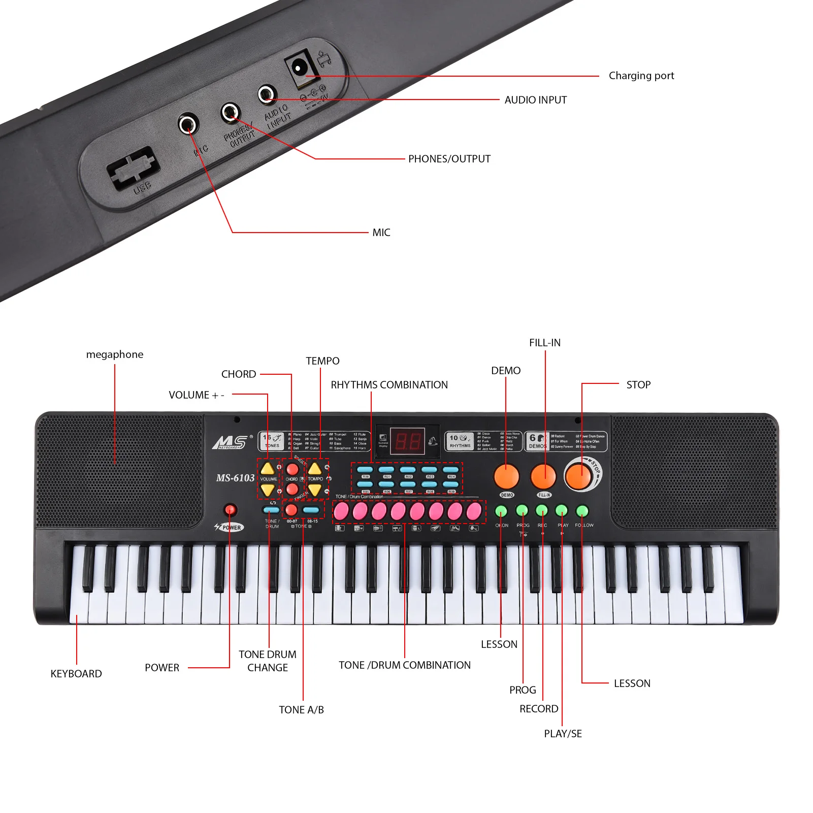 61 Key Electronic Keyboard Piano Dual Speaker 16 Tones 10 Rhythms 6 Demo Musical Instrument with Microphone and Music Score