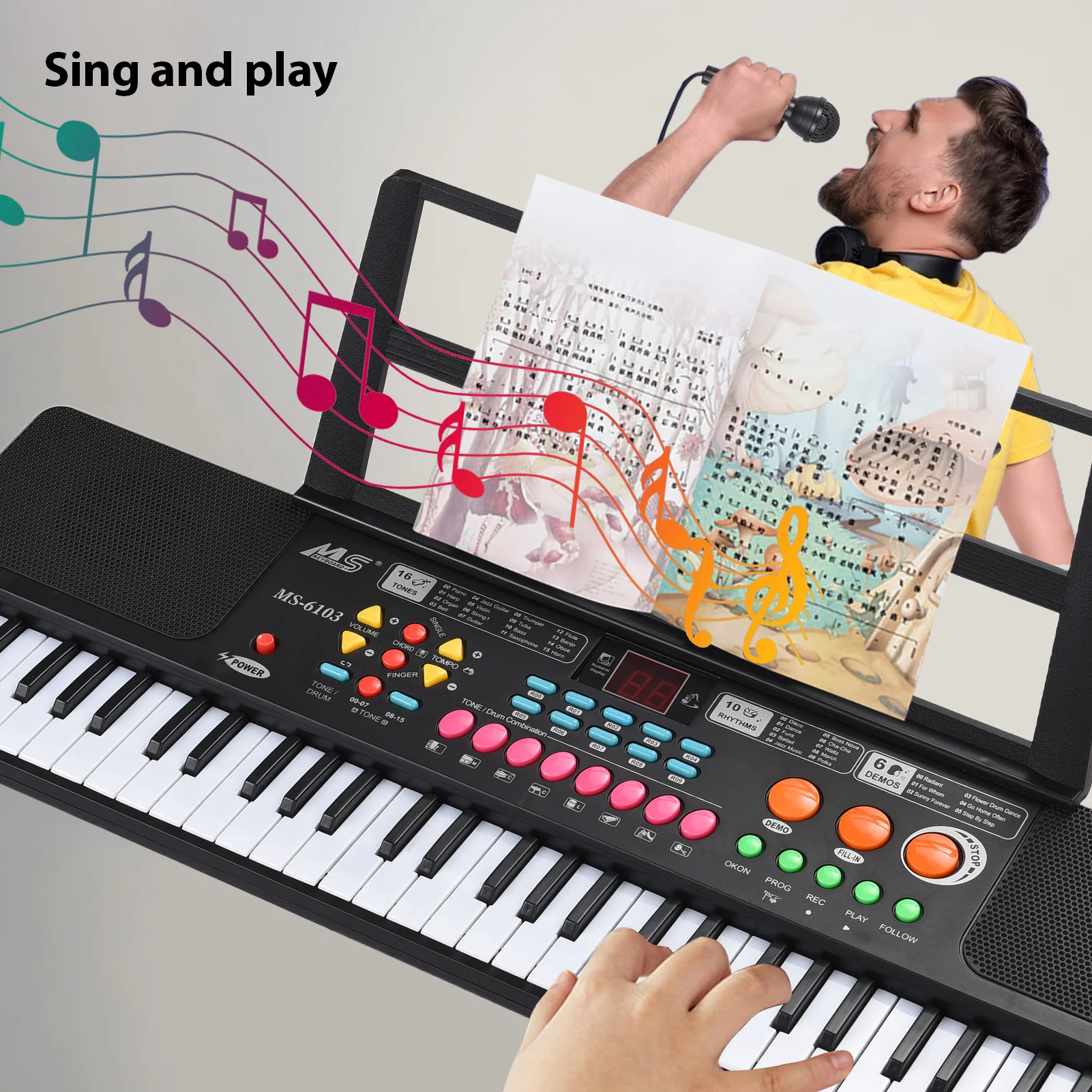 61 Key Electronic Keyboard Piano Dual Speaker 16 Tones 10 Rhythms 6 Demo Musical Instrument with Microphone and Music Score