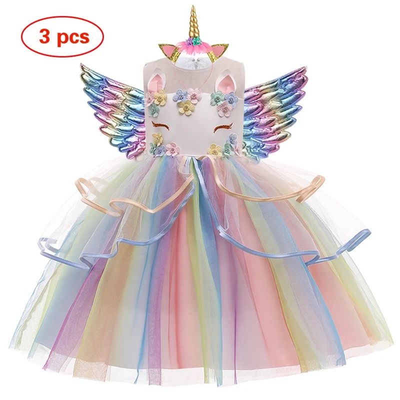 Girl Unicorn Dress Children Party Birthday Princess Costume Sleeveless Trailing Wedding Christmas Outfit Kids Girl Clothing