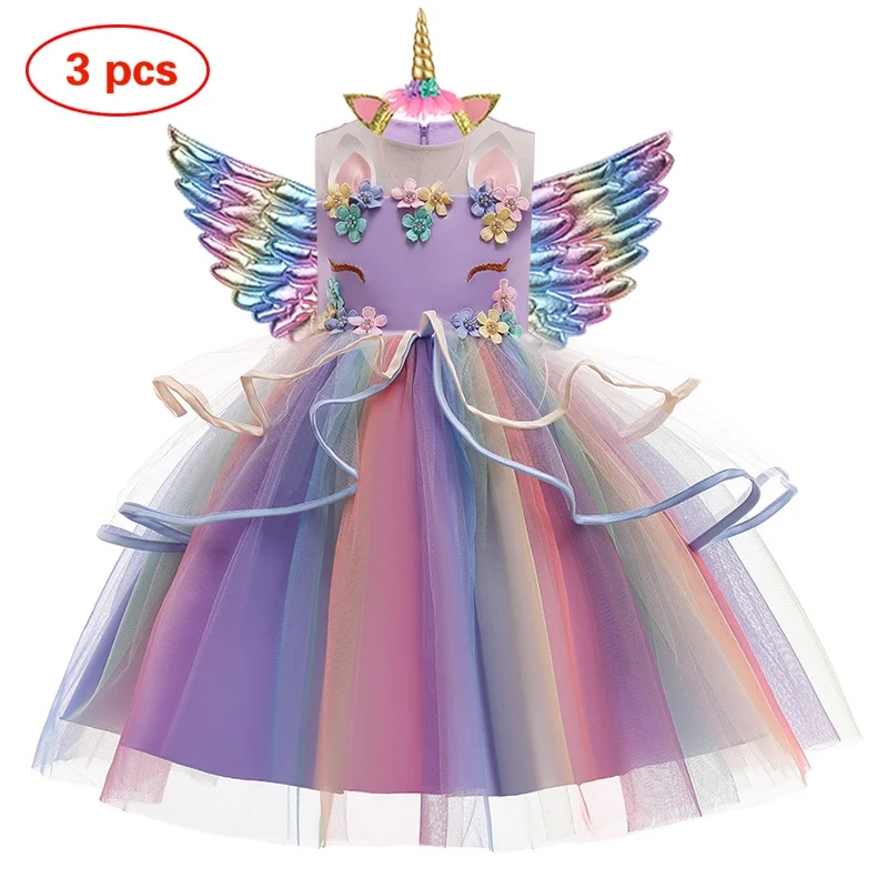 Girl Unicorn Dress Children Party Birthday Princess Costume Sleeveless Trailing Wedding Christmas Outfit Kids Girl Clothing