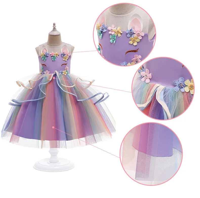 Girl Unicorn Dress Children Party Birthday Princess Costume Sleeveless Trailing Wedding Christmas Outfit Kids Girl Clothing