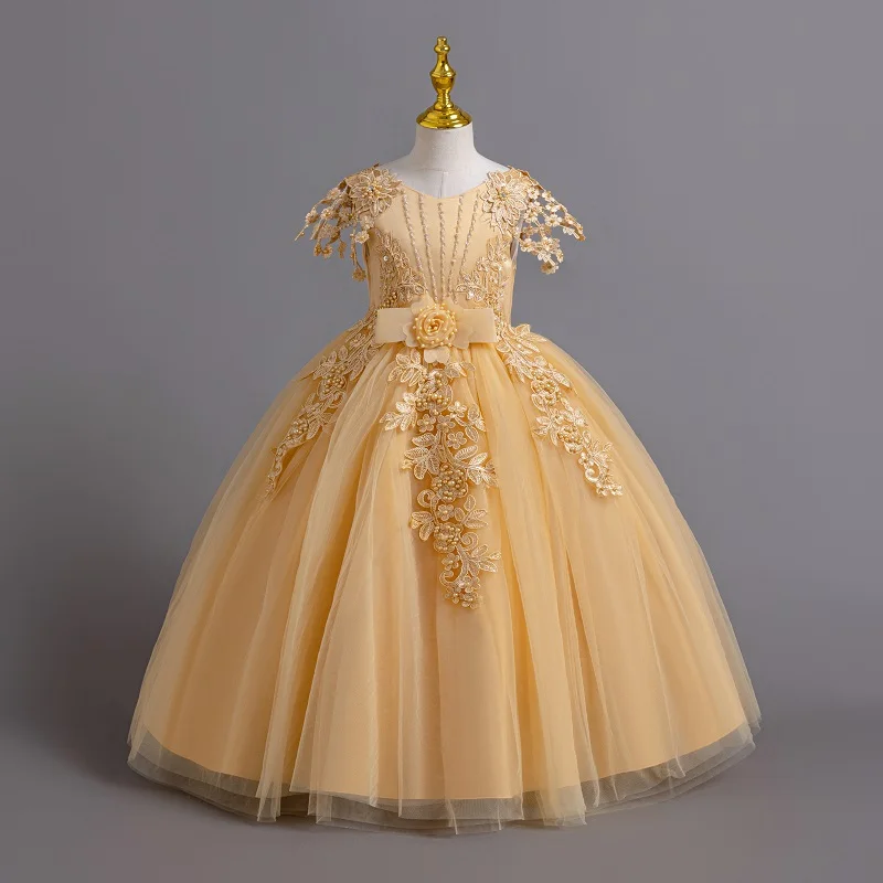 2024 New Elegant Girl Wedding Dress Embroidered Mesh Princess Dress 4-12 Year Old Girl Graduation Party Prom Evening Dress