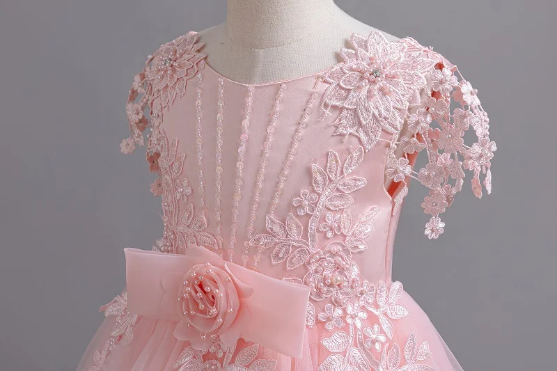 2024 New Elegant Girl Wedding Dress Embroidered Mesh Princess Dress 4-12 Year Old Girl Graduation Party Prom Evening Dress