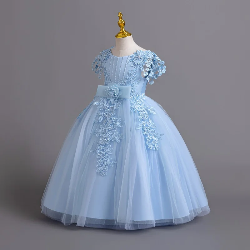 2024 New Elegant Girl Wedding Dress Embroidered Mesh Princess Dress 4-12 Year Old Girl Graduation Party Prom Evening Dress