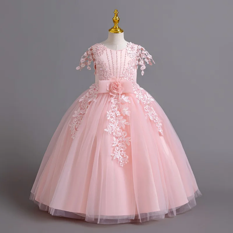 2024 New Elegant Girl Wedding Dress Embroidered Mesh Princess Dress 4-12 Year Old Girl Graduation Party Prom Evening Dress