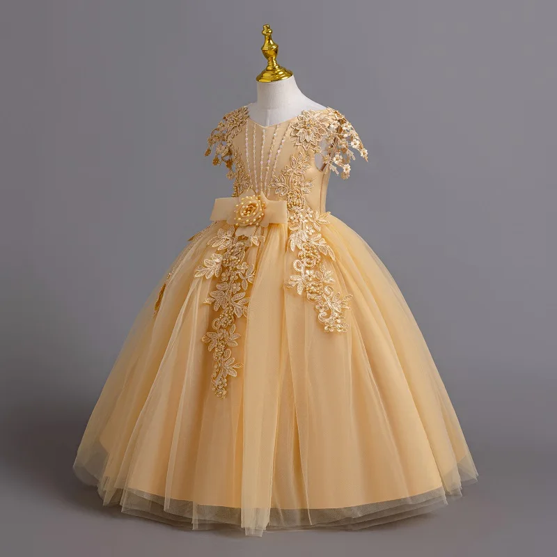 2024 New Elegant Girl Wedding Dress Embroidered Mesh Princess Dress 4-12 Year Old Girl Graduation Party Prom Evening Dress