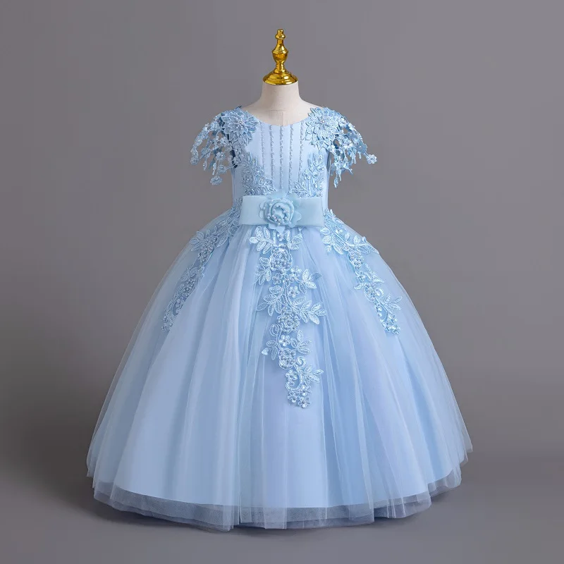 2024 New Elegant Girl Wedding Dress Embroidered Mesh Princess Dress 4-12 Year Old Girl Graduation Party Prom Evening Dress