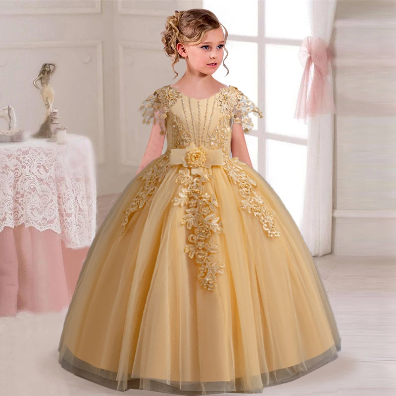 2024 New Elegant Girl Wedding Dress Embroidered Mesh Princess Dress 4-12 Year Old Girl Graduation Party Prom Evening Dress