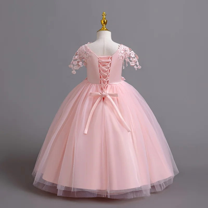 2024 New Elegant Girl Wedding Dress Embroidered Mesh Princess Dress 4-12 Year Old Girl Graduation Party Prom Evening Dress