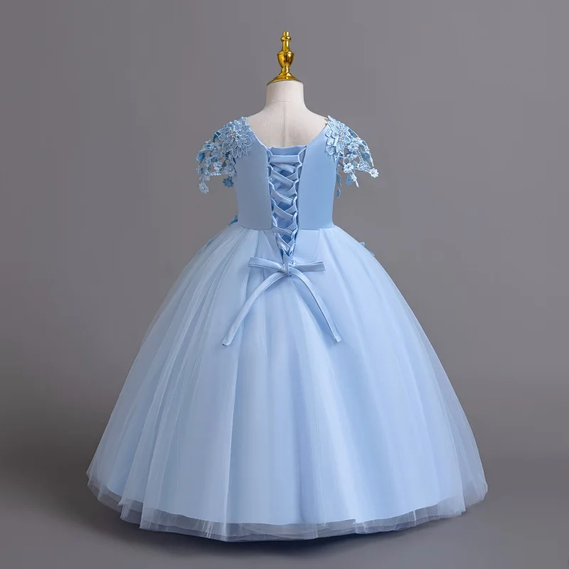 2024 New Elegant Girl Wedding Dress Embroidered Mesh Princess Dress 4-12 Year Old Girl Graduation Party Prom Evening Dress