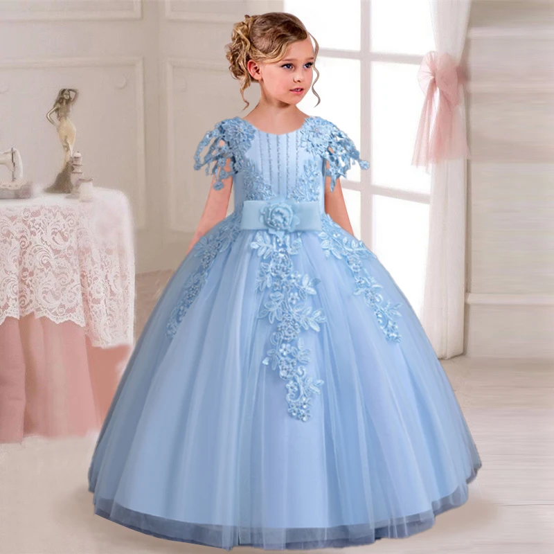 2024 New Elegant Girl Wedding Dress Embroidered Mesh Princess Dress 4-12 Year Old Girl Graduation Party Prom Evening Dress