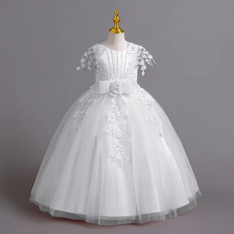 2024 New Elegant Girl Wedding Dress Embroidered Mesh Princess Dress 4-12 Year Old Girl Graduation Party Prom Evening Dress
