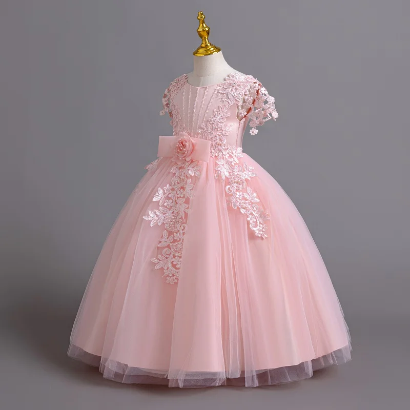 2024 New Elegant Girl Wedding Dress Embroidered Mesh Princess Dress 4-12 Year Old Girl Graduation Party Prom Evening Dress