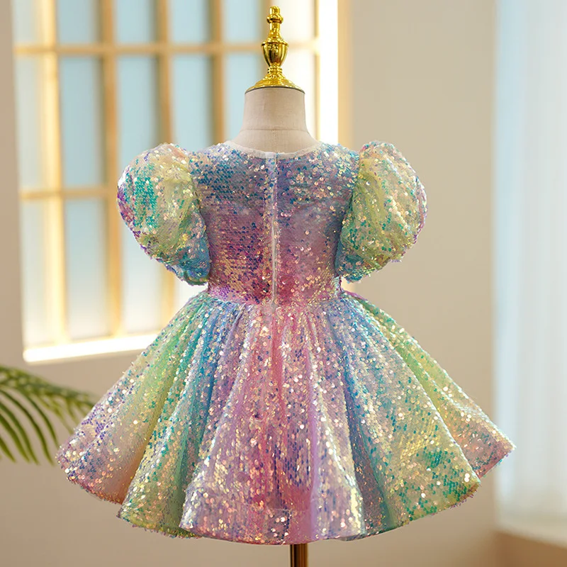 Sequin Ombre Girl Dress Pastel Sparkles Shimmers Puffy Sleeves Sequin Dress Girls Birthday Party Clothes