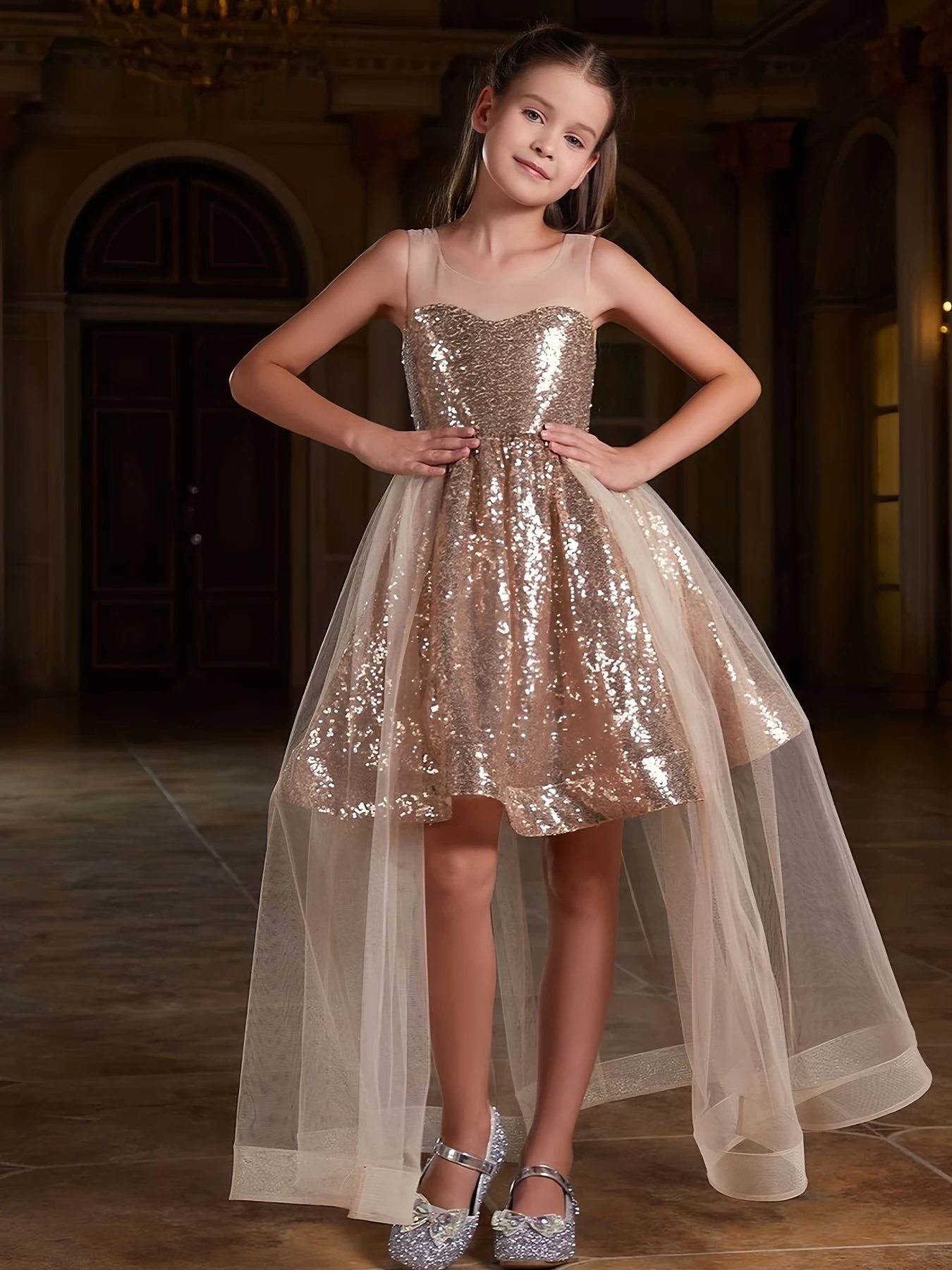 Golden girls' dress, shiny pearl cake dress, black girls' birthday party dress, beauty pageant piano dress