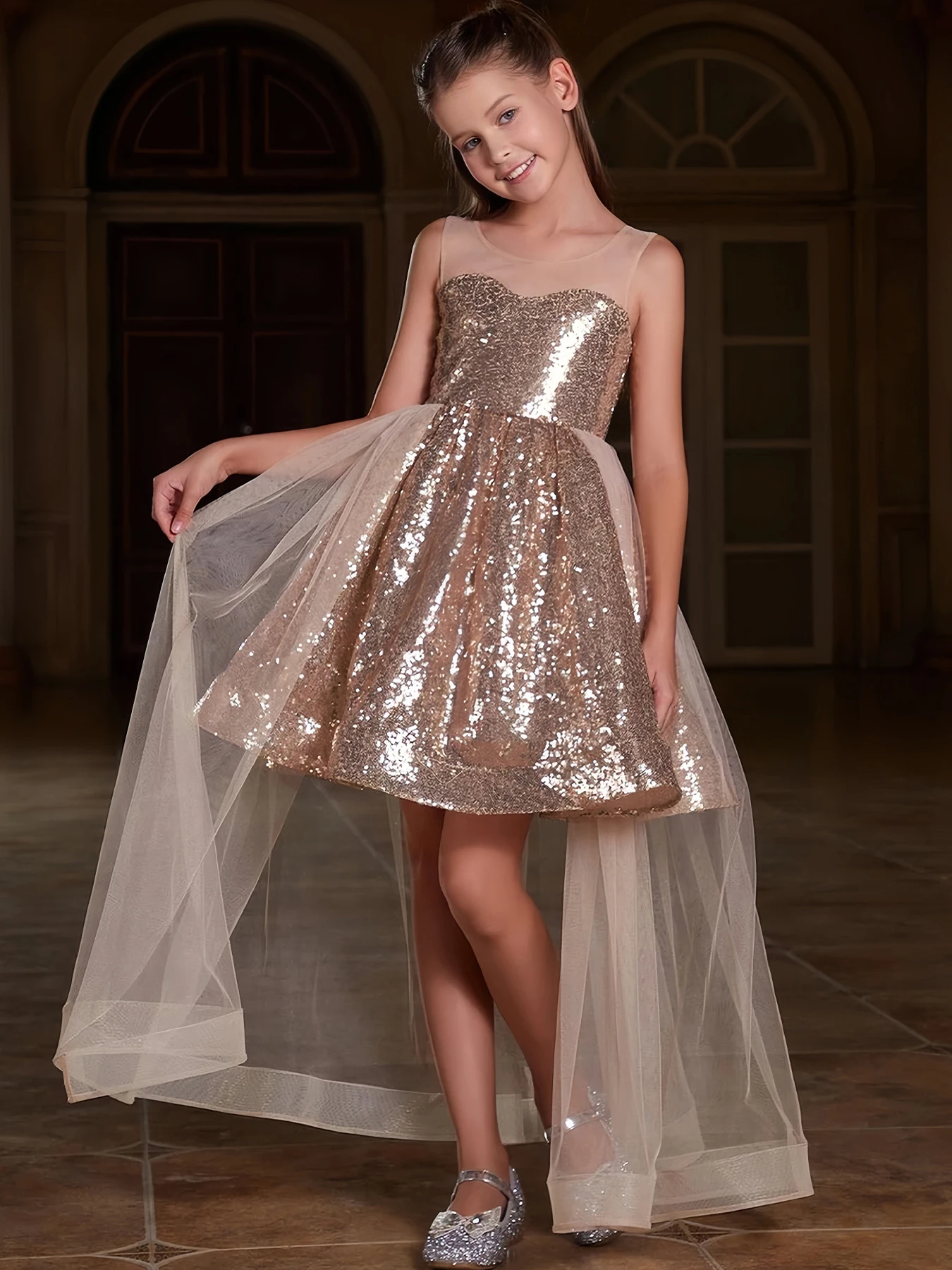 Golden girls' dress, shiny pearl cake dress, black girls' birthday party dress, beauty pageant piano dress