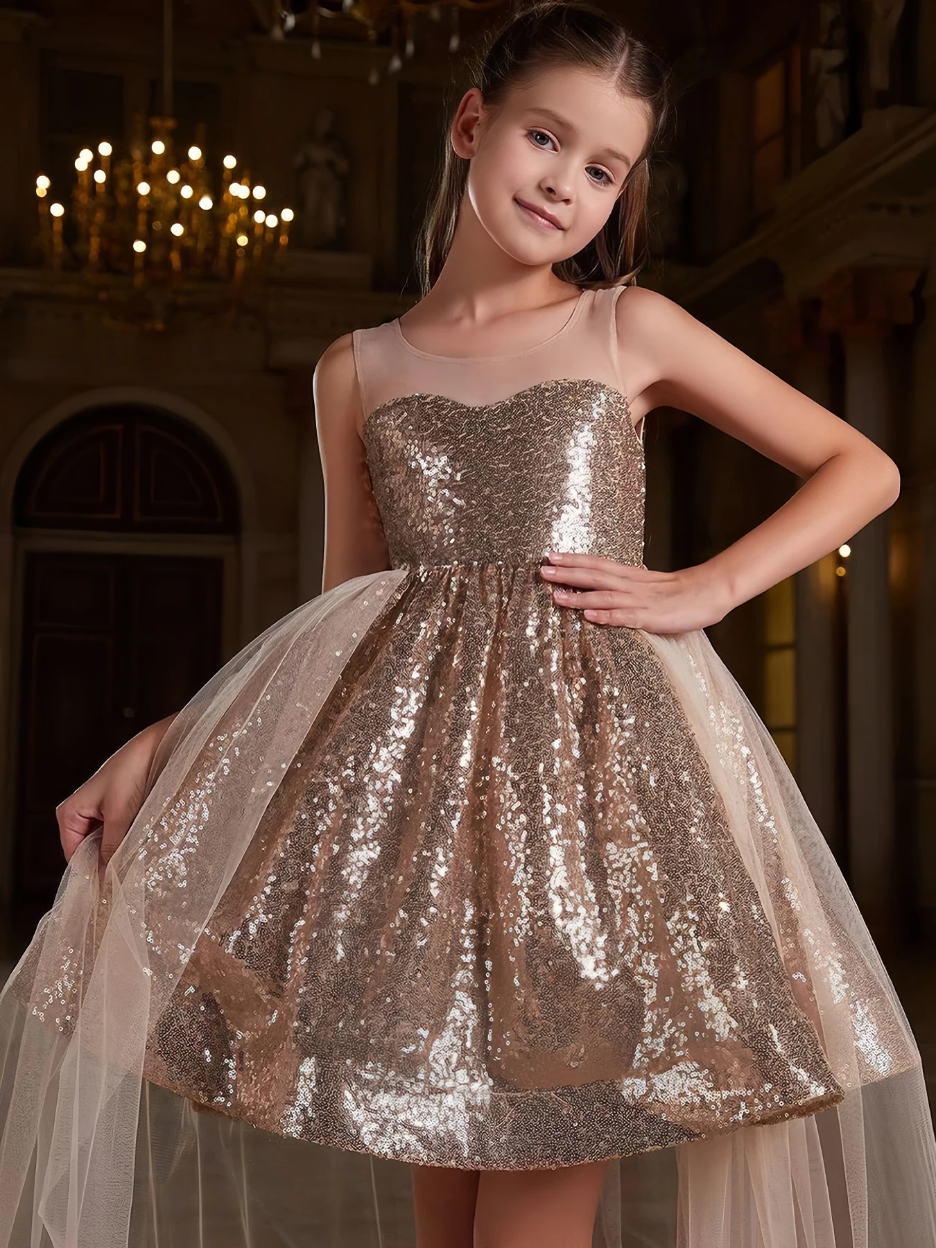 Golden girls' dress, shiny pearl cake dress, black girls' birthday party dress, beauty pageant piano dress